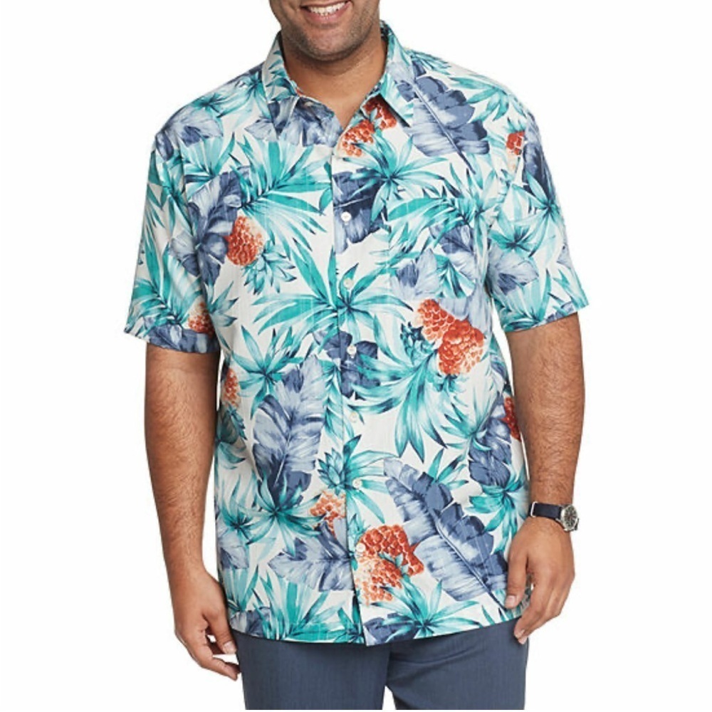 Van Heusen Vibrant Floral Hawaiian Shirt Size XL Tropical Teal Blue Orange White